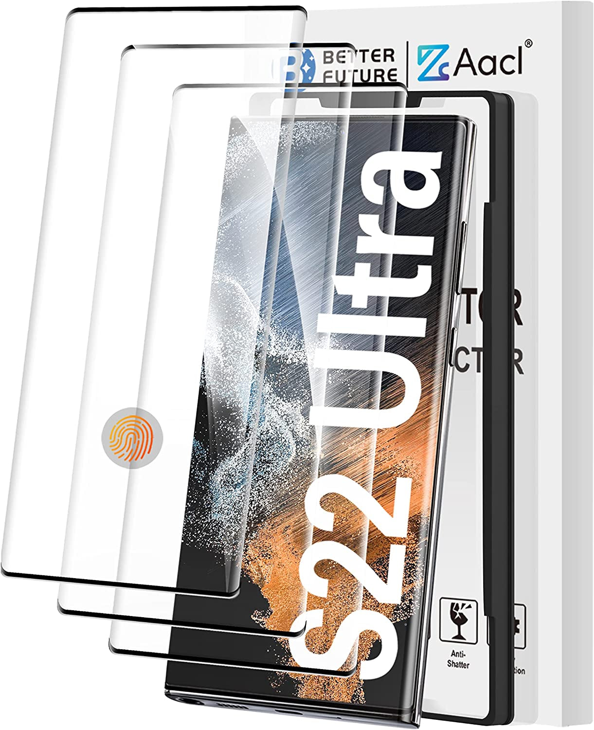 AACL [Fingerprint Compatible][3-Pack] 3D Curved Tempered Glass for Samsung Galaxy S22 Ultra 5G Screen Protector, [Easy Installation with Alignment][Anti-Scratch][Case Friendly]  Better Future Glass   
