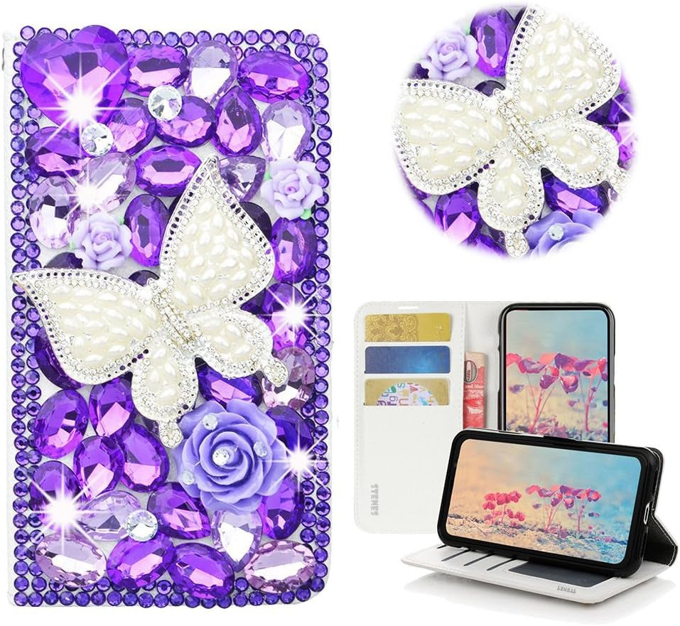 STENES LG G6 Case, LG G6 plus Case - STYLISH - 3D Handmade Bling Crystal Rose Butterfly Flowers Wallet Credit Card Slots Fold Stand Leather Cover Case for LG G6/LG G6 plus - Violet  STENES Pearl Butterfly Rose Flowers / Purple  