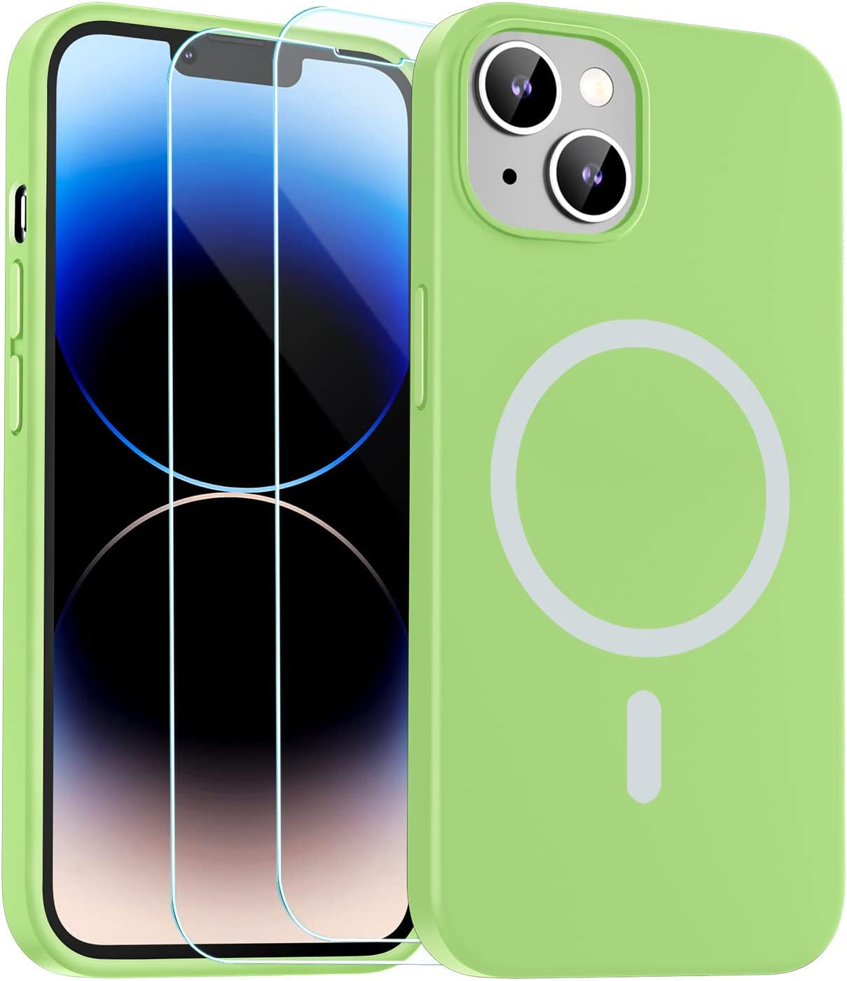 Zapica Liquid Silicone Magnetic for Iphone 14 Case, [Compatible with Magsafe] [With 2 Pack Glass Screen Protector] Anti-Scratch, Shockproof, Slim Soft Phone Case for Iphone 14, 6.1 Inch (Black)  zapica Matcha Green  