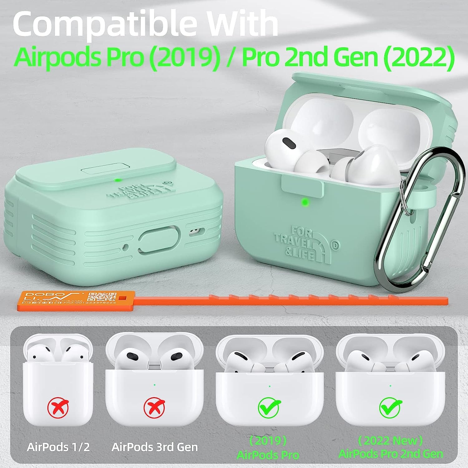 Airpods Pro 2Nd/1St Generation Case Cover,Secure Lock Full Protective Silicone Skin Accessories for Women Men with Apple Airpods Pro 2022/2019 Charging Case,Design by Doboli,Matcha Green  Doboli   