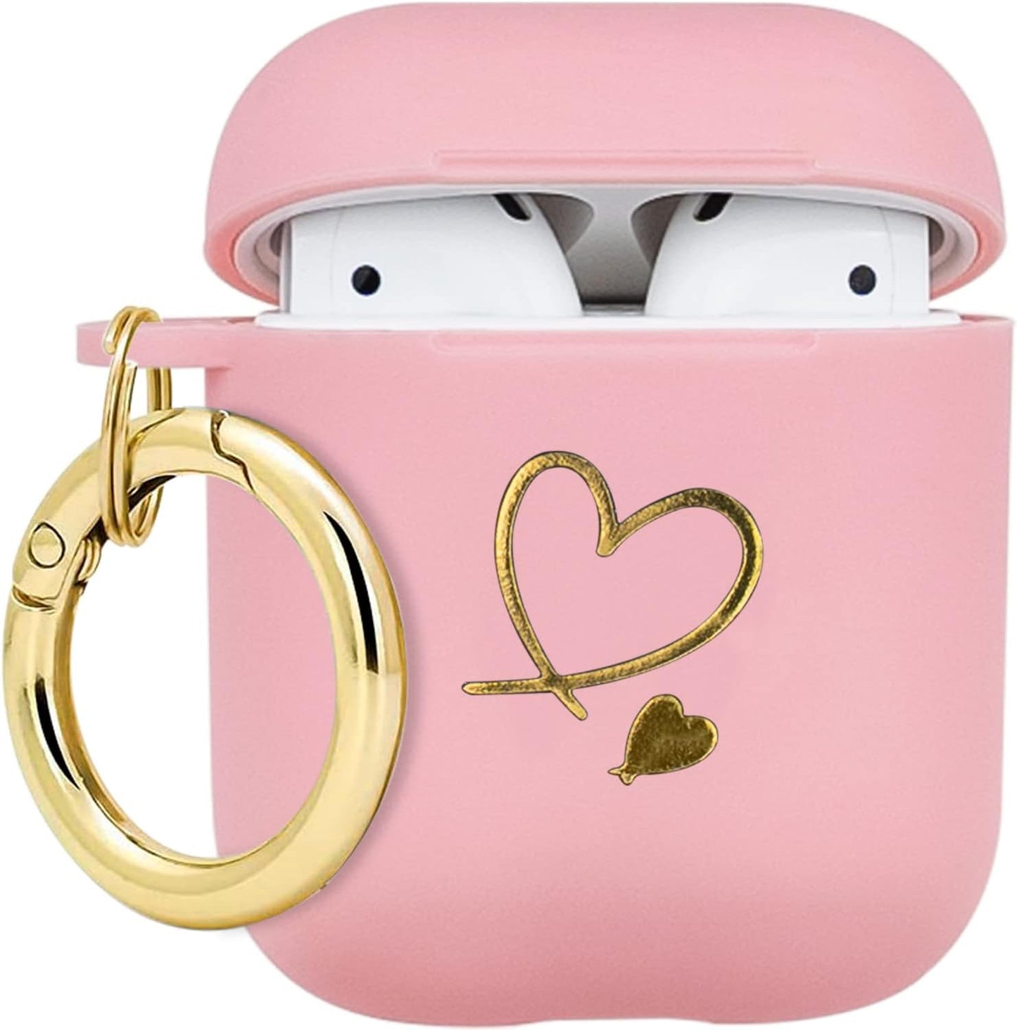 Wonjury Airpods Case Soft TPU Gold Heart Pattern Cute with Keychain Shockproof Cover Case for Girls Woman Apple Airpods 2 &1 - Black+Pink  Wonjury Pink (Double Heart)  