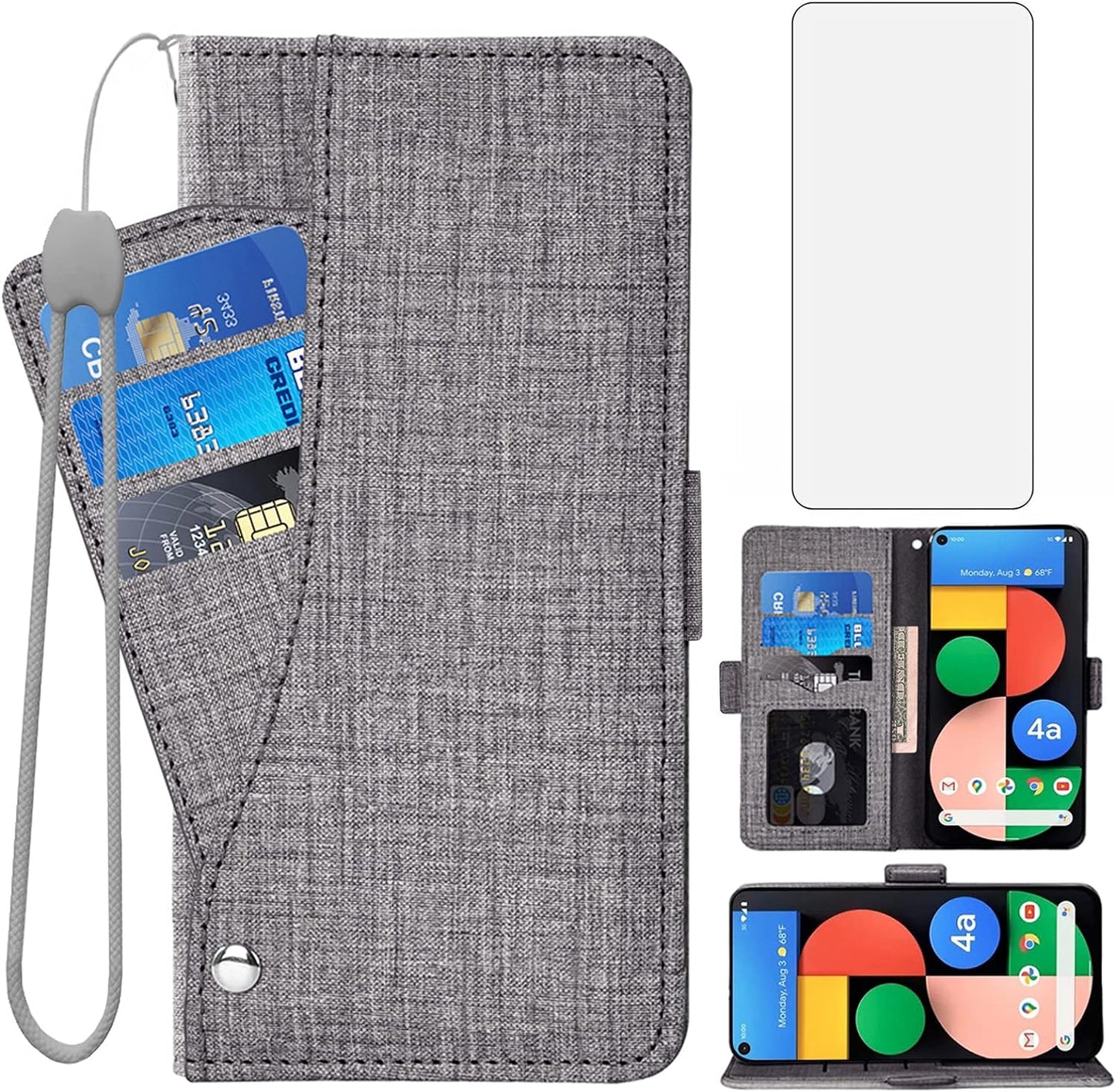 Asuwish Compatible with Google Pixel 4A 5G 6.2 Wallet Case Tempered Glass Screen Protector and Flip Cover Card Holder Stand Cell Phone Cases for Pixel4A5G UW Pixel4A 5G Pixle A4 G5 4A5G Women Men Blue  Asuwish Gray For Pixel 4A 5G 