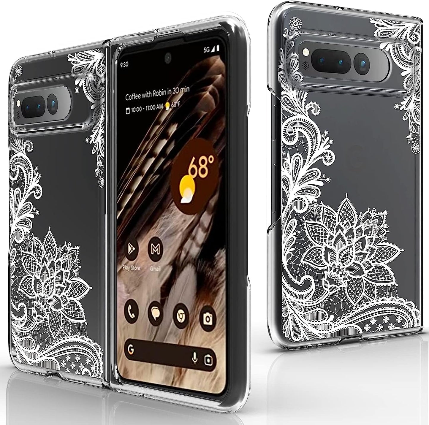 Osophter for Google Pixel Fold 5G Case Clear: Flower Floral for Girls Women Shock-Absorption Transparent Back Cell Phone Cover Cases for Google Pixel Fold 5G(White Lace)  Osophter   