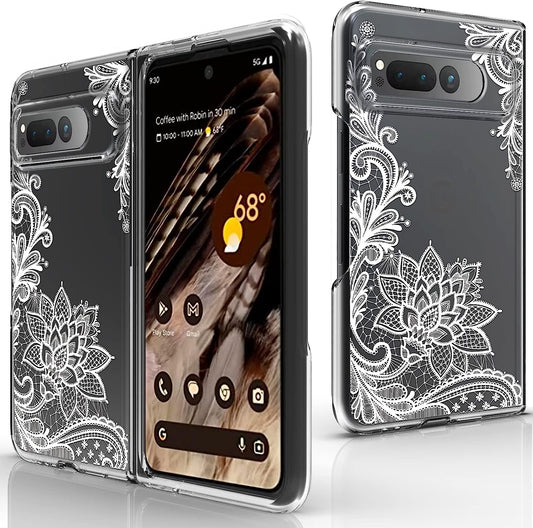 Osophter for Google Pixel Fold 5G Case Clear: Flower Floral for Girls Women Shock-Absorption Transparent Back Cell Phone Cover Cases for Google Pixel Fold 5G(White Lace)  Osophter   