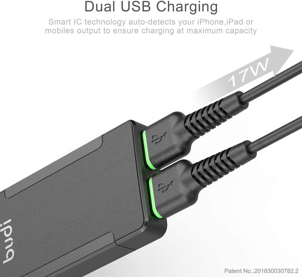 BUDI 17W Extra Slim Portable Wall Charger 2-Port USB-A Charger 3.15 X 1.57 X 0.4 Inches (Black USB-A)  BUDI   