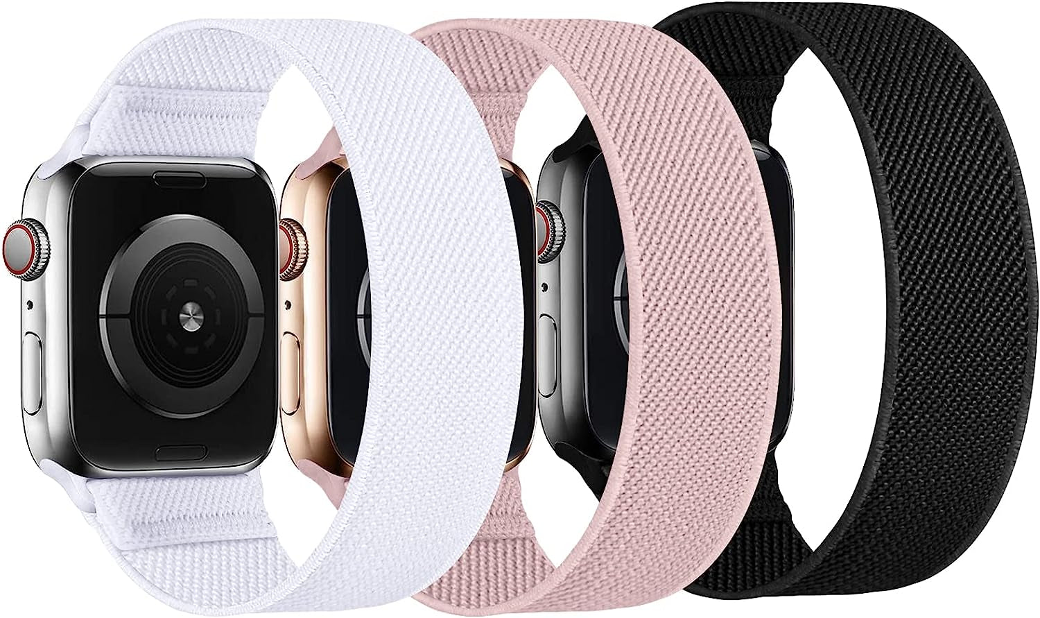 ENJINER Stretchy Nylon Solo Loop Bands Compatible with Apple Watch 38Mm 40Mm 41Mm 42Mm 44Mm 45Mm 49Mm Ultra Iwatch Series 8 7 SE 6 5 4 3 2 1 Strap, Sport Elastic Braided Women Men No Buckles Clasps Replacement Wristband  ENJINER 3A-Black/White/Pink Sand 42/44/45/49mm XS(wrists 5.20"-5.71"/132-145mm) 