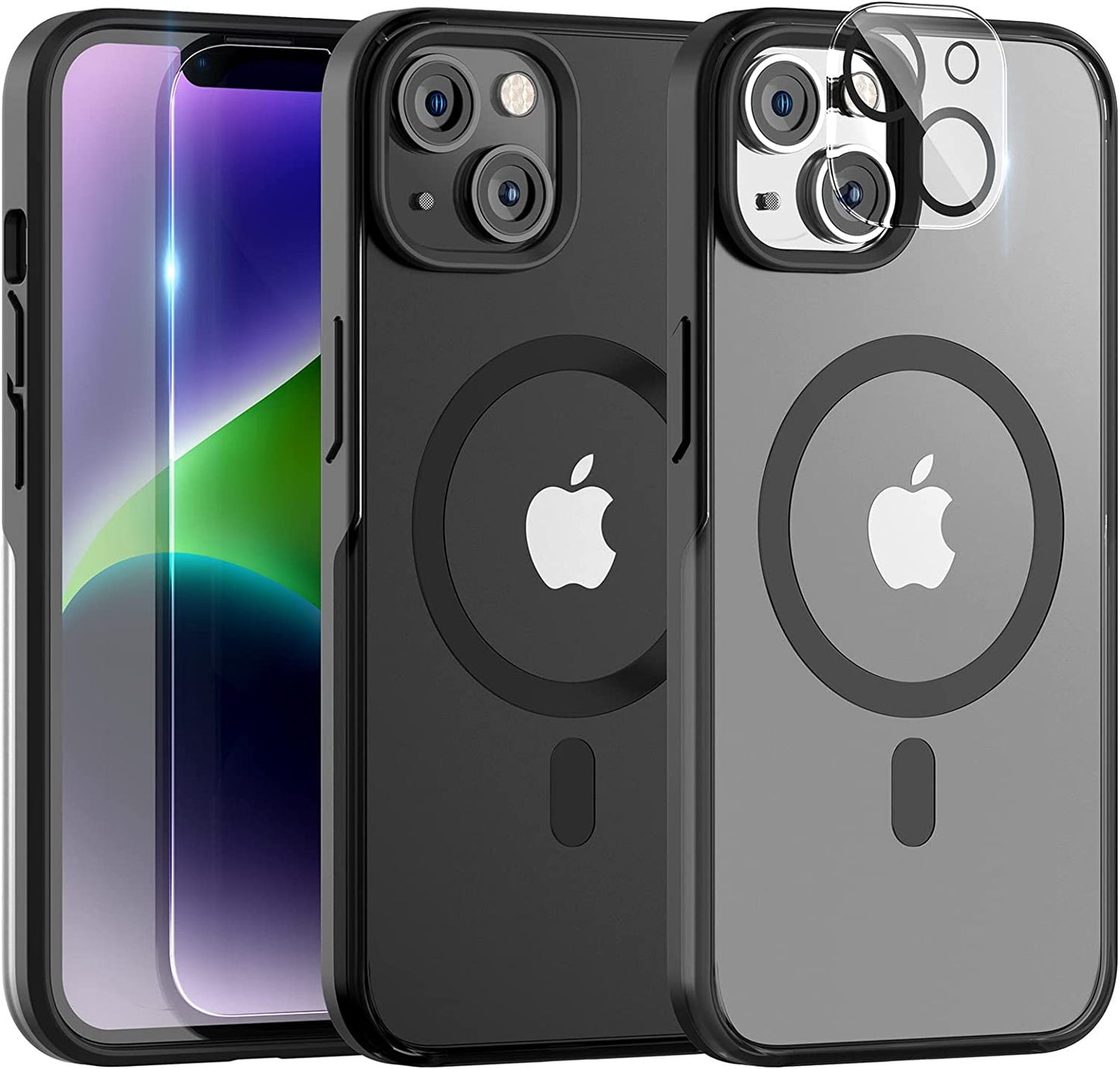 TAURI [5 in 1 Magnetic Case for Iphone 14 plus [Military Grade Drop Protection] with 2X Screen Protector +2X Camera Lens Protector, Translucent Matte Slim Fit Designed for Magsafe Case-Green  TAURI Black Iphone 14 
