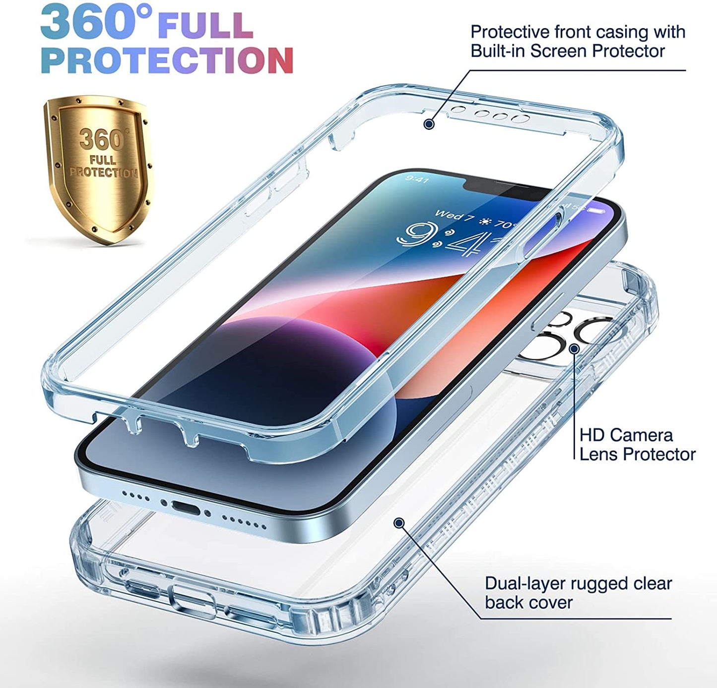 Diaclara Designed for Iphone 14 Case, Full Body Rugged Case with Built-In Touch Sensitive Anti-Scratch Screen Protector, with Camera Lens Protector for Iphone 14 6.1" (Clear Blue)  Diaclara   