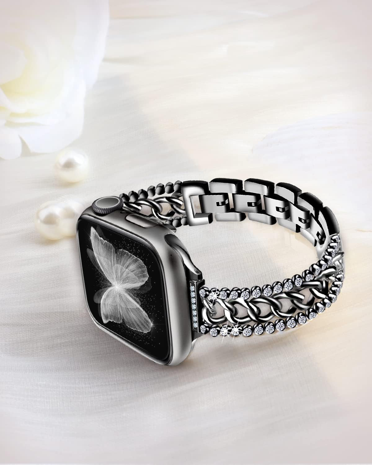 Beu1St Bling Chain Compatible with Apple Watch Band 42Mm 44 Mm 45Mm 49Mm, Women Dressy Glitter Diamond Rhinestone Stainless Steel Metal Bracelet Strap for Iwatch Series 8/7/6/5/4/3/2/1/SE Black  beu1st   