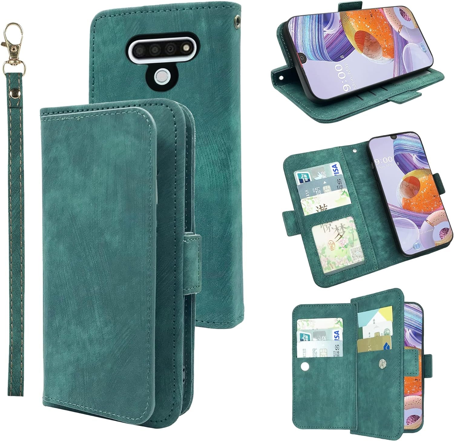 Furiet Compatible with LG V35 Thinq V30 plus Wallet Case Wrist Strap Lanyard Leather Flip Card Holder Stand Cell Accessories Phone Cover for LGV30 LGV35 LG30 LG35 V 30 35 V30+ V30S H931 Men Black  Furiet Green  