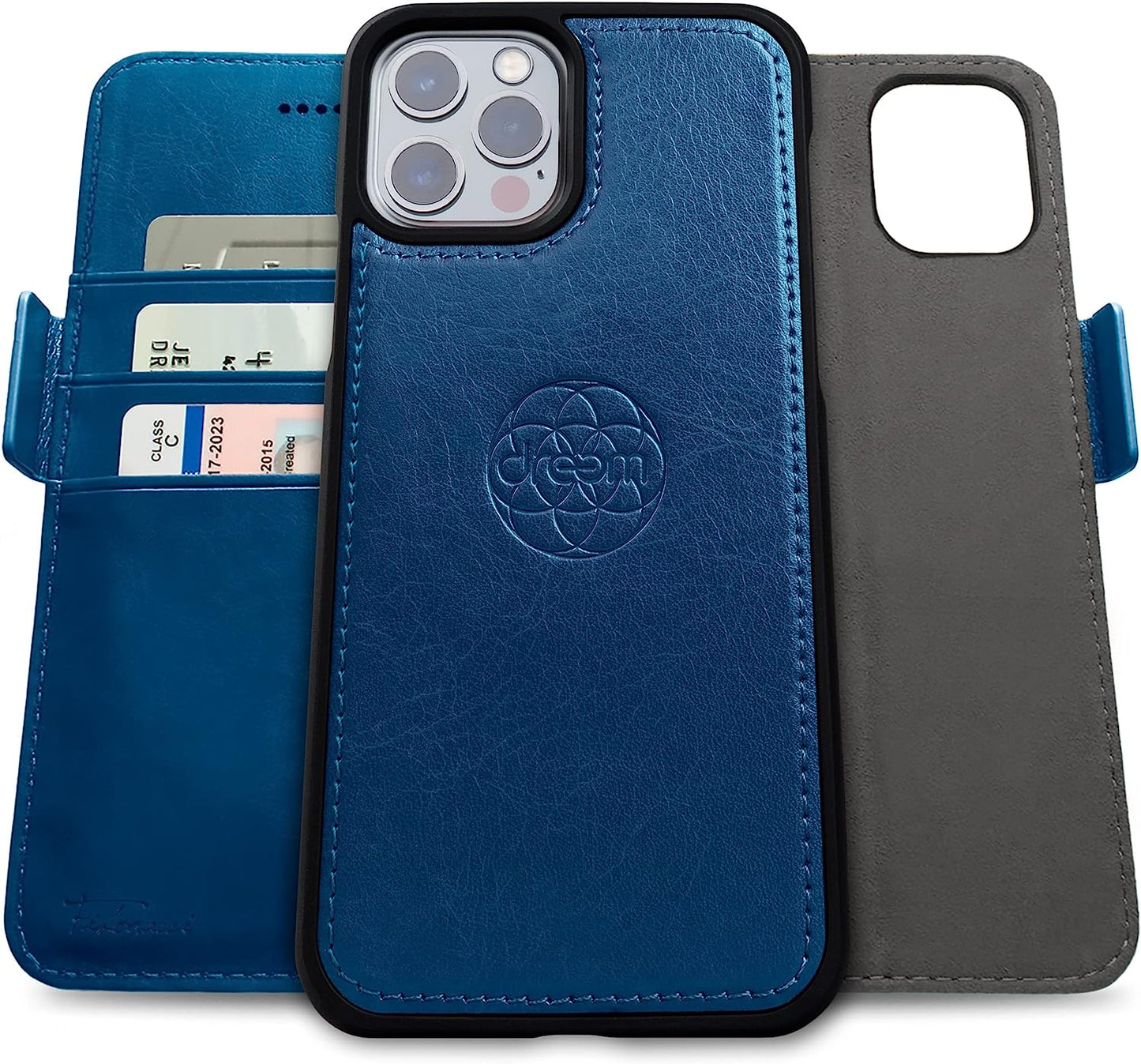 Dreem Fibonacci 2-In-1 Wallet Case for Apple Iphone 13 Pro Max - Luxury Vegan Leather, Magnetic Detachable Shockproof Phone Case, RFID Card Protection, Magsafe Compatible - Coffee  Dreem MetalicBlue iPhone 13 Pro Max 