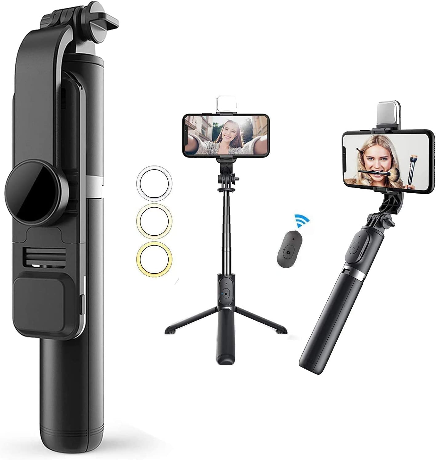 Selfie Stick & Phone Tripod,Mqouny Portable Selfie Fill Light,Portable All-In-One Professional Travel Tripod with Remote, Compatible with Android/Iphone (Pink)  MQOUNY Dongguan Manxin Electronic Technology Co. , Ltd. Black  