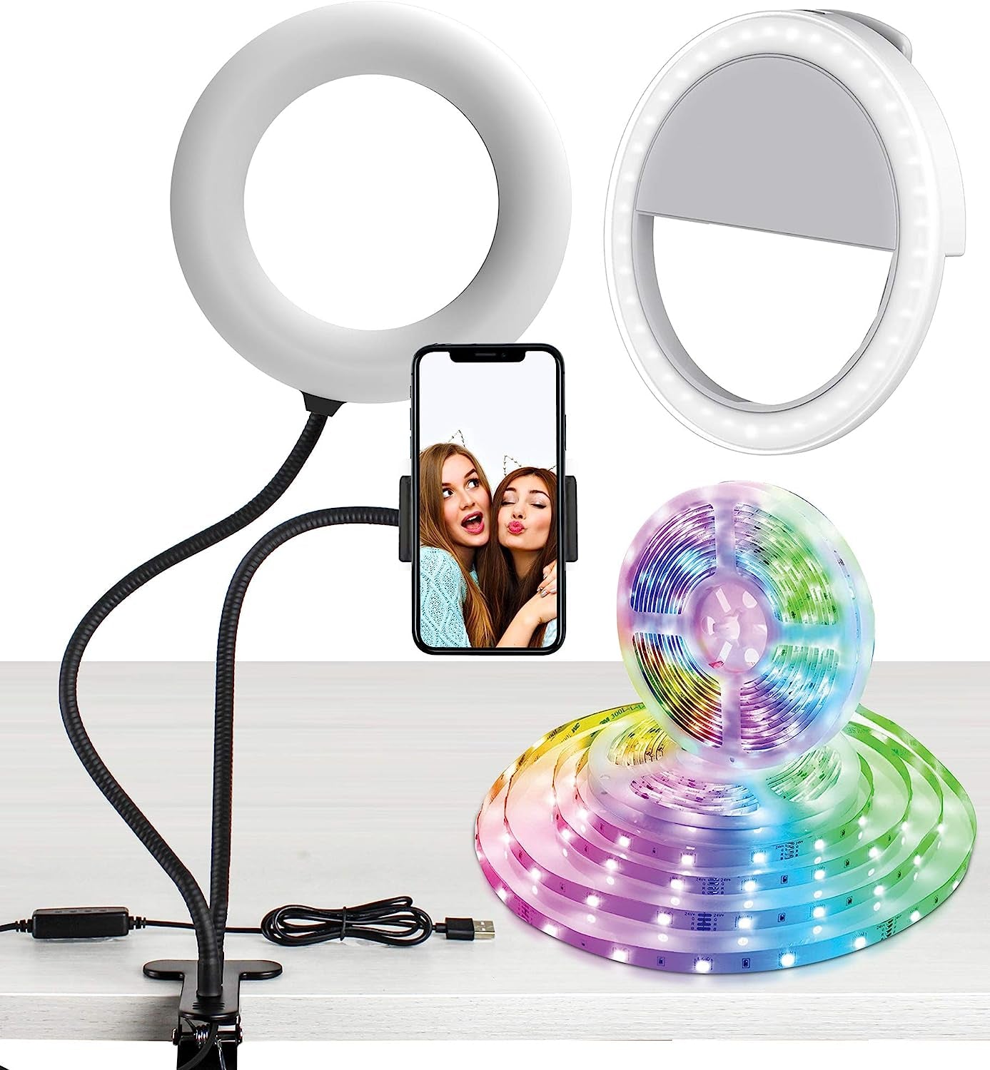 Aduro U-Stream 3-In-1 Ring Light Studio Kit Bundle, Set Includes LED Ring Light with Stand, Clip on Phone Selfie Ring Light & 6Ft LED Strip Lights  Aduro   