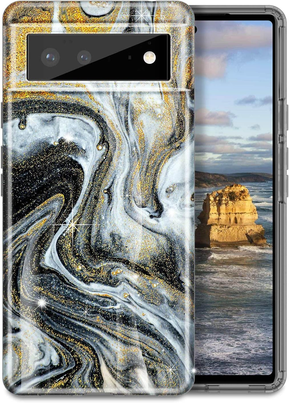 Btscase Gold Glitter Marble - Slim Shockproof Protective Cover for Google Pixel 6 (2021) - Blue/Drift Sand  Btscase Golden Sands/Black  