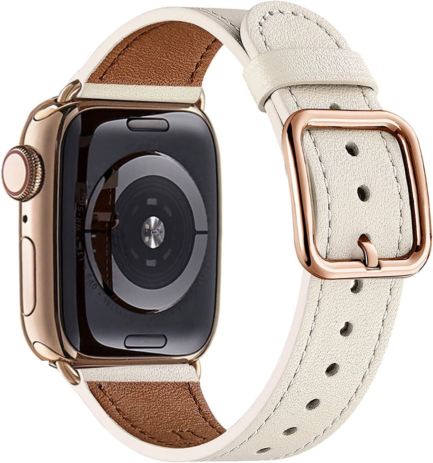 MNBVCXZ Compatible with Apple Watch Band 38Mm 40Mm 41Mm 42Mm 44Mm 45Mm 49Mm Women Men Girls Boys Genuine Leather Replacement Strap for Iwatch Series 8 7 6 5 4 3 2 1 Iwatch Ultra SE (Pink Sand/Rose Gold)  MNBVCXZ-US Beige/Gold 42mm 44mm 45mm 49mm 