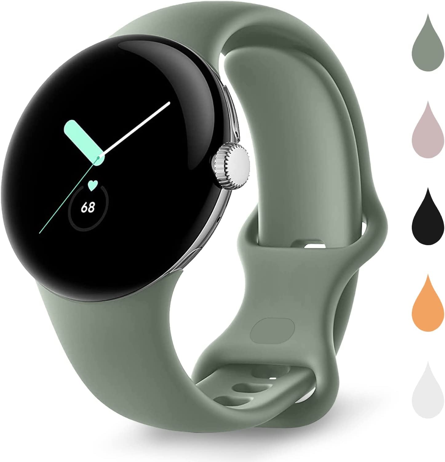 BMINEN Bands 4 Pack for Google Pixel Watch Band, Soft Silicone Wristband Women Men Waterproof Sport Strap Band for Google Pixel Watch 2022 (L, 4PACS-A-L)  BMINEN Gray green-1 Small 