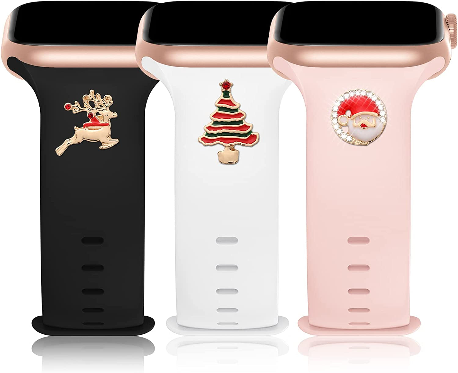 3 Pack Sport Band with DIY Charms Compatible with Apple Watch Bands 41Mm 40Mm 38Mm, Designer Soft Silicone Wristbands Replacement Strap for Iwatch Series SE 8 7 6 5 4 3 2 1 Utral for Women Men  Plesechde Santa Sand Pink/White/Black 42mm/44mm/45mm/49mm 