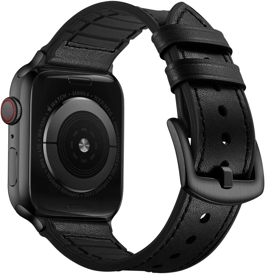 OUHENG Compatible with Apple Watch Band 49Mm 45Mm 44Mm 42Mm, Sweatproof Genuine Leather and Rubber Hybrid Band Strap for Iwatch Ultra Series 8 7 6 5 4 3 2 1 SE2 SE, Brown Band with Black Adapter  OUHENG Black/Black 41mm/40mm/38mm 