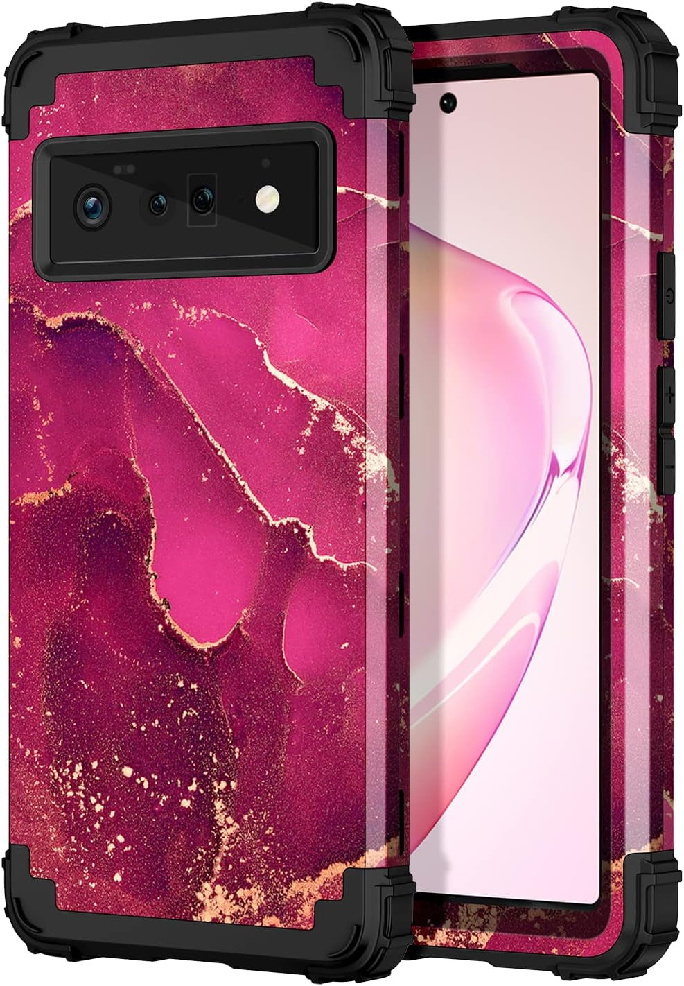 Hekodonk for Google Pixel 6 Pro Case,Heavy Duty Shockproof Protection Hard Plastic+Silicone Rubber Hybrid 3 in 1 Drop Protective Case for Google Pixel 6 Pro White Flower  Hekodonk Winered  