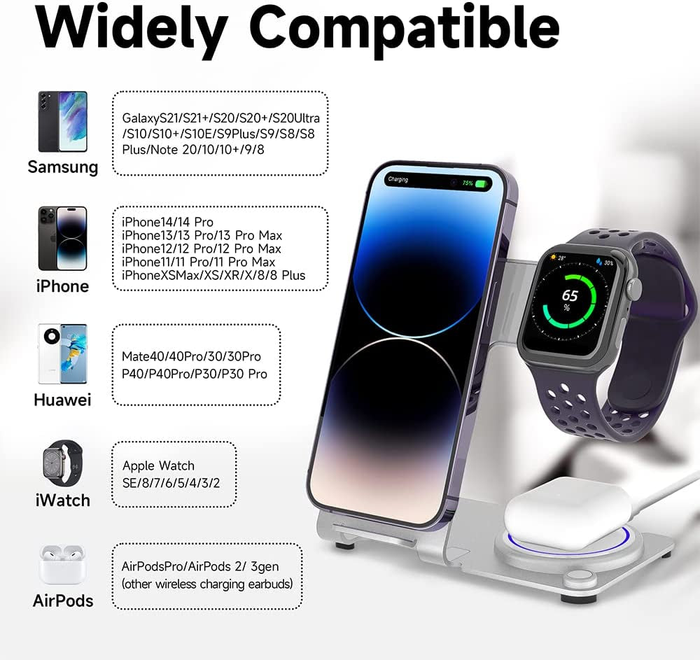Wireless Charger, Aluminum Alloy 3 in 1 Wireless Charging Station for Apple Iphone/Iwatch/Airpods,Iphone 14,13,12,11 (Pro, Promax)/Xs/Xr/Xs/X/8(Plus),Iwatch8/7/6/Se/5/4/3/2,Airpods 3/2/Pro  XYZ   