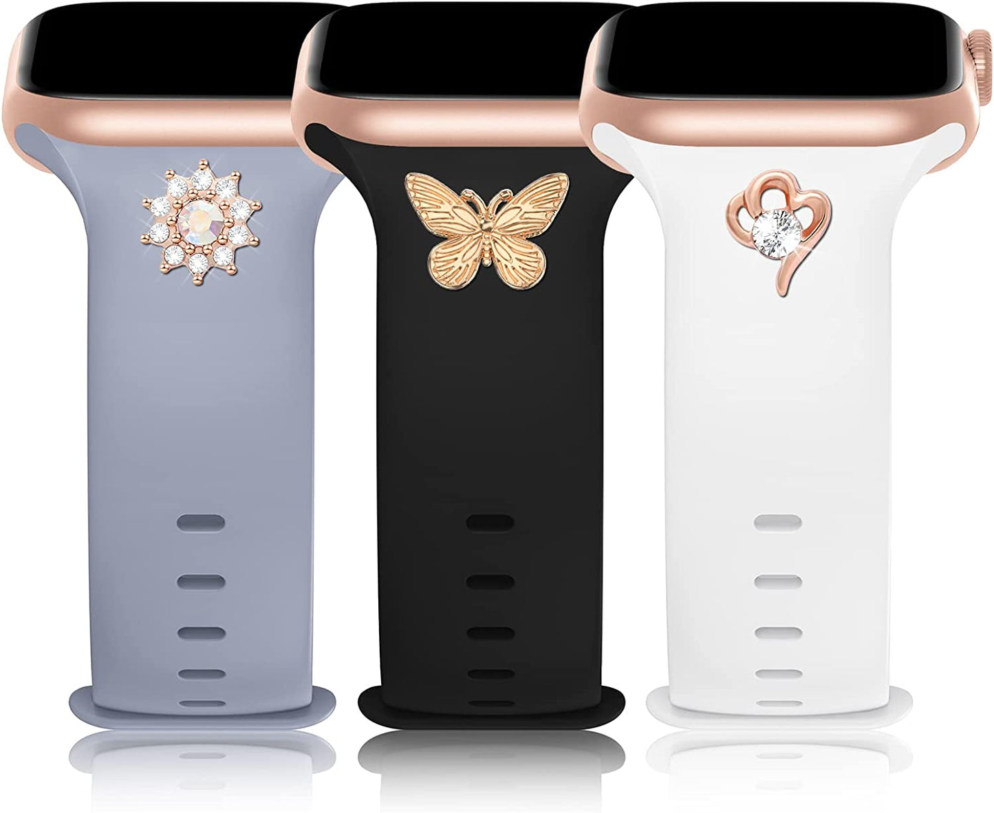3 Pack Sport Band with DIY Charms Compatible with Apple Watch Bands 41Mm 40Mm 38Mm, Designer Soft Silicone Wristbands Replacement Strap for Iwatch Series SE 8 7 6 5 4 3 2 1 Utral for Women Men  Plesechde Black/White/Lavender Gray 42mm/44mm/45mm/49mm 