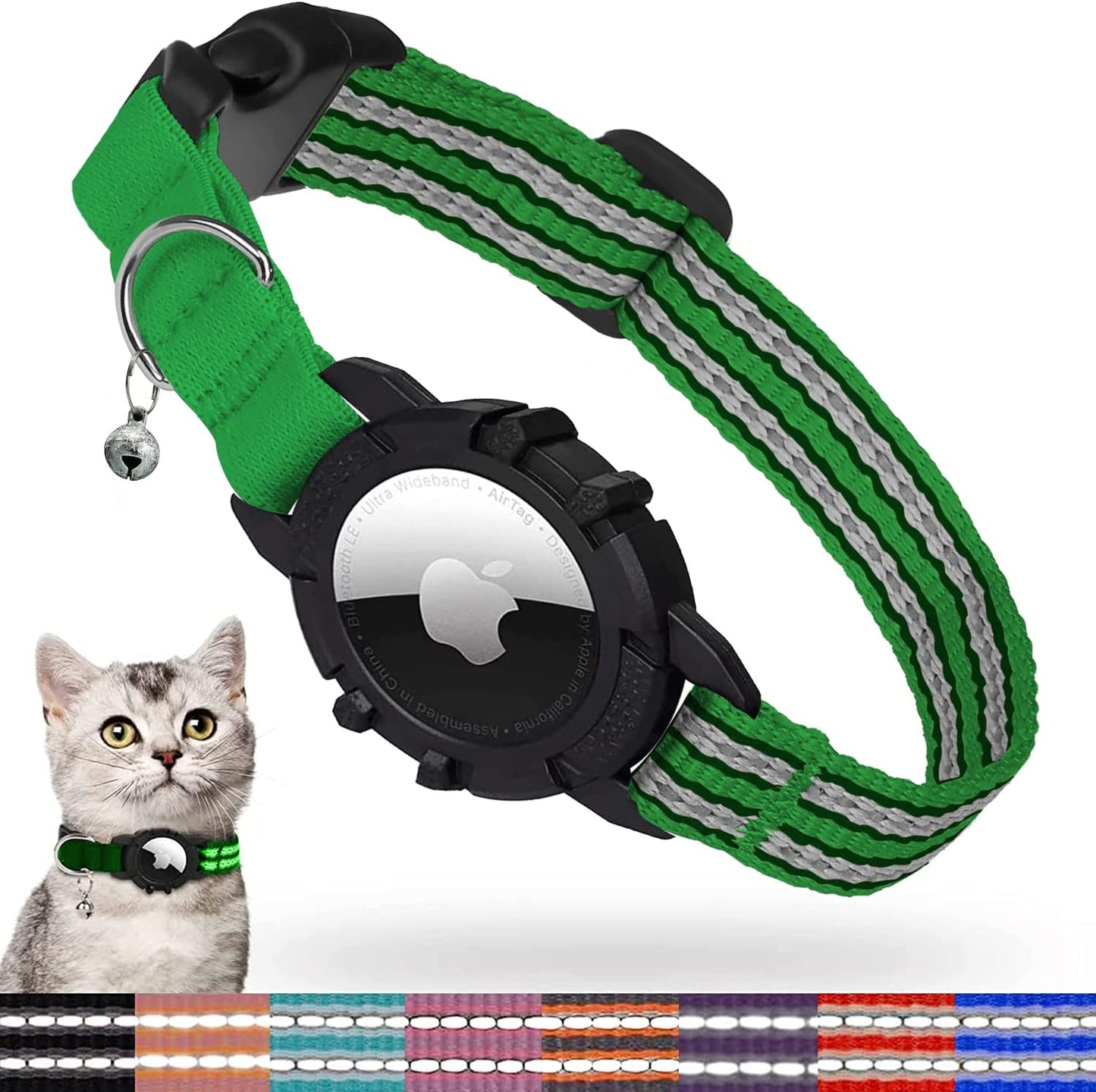 FEEYAR Airtag Cat Collar,Integrated Kitten Collar with Apple Airtag Holder, Reflective GPS Cat Collar with Bell[Pink], Lightweight Tracker Cat Collars for Girl Boy Cats, Kittens and Puppies  FEEYAR Green 9-13 Inch 