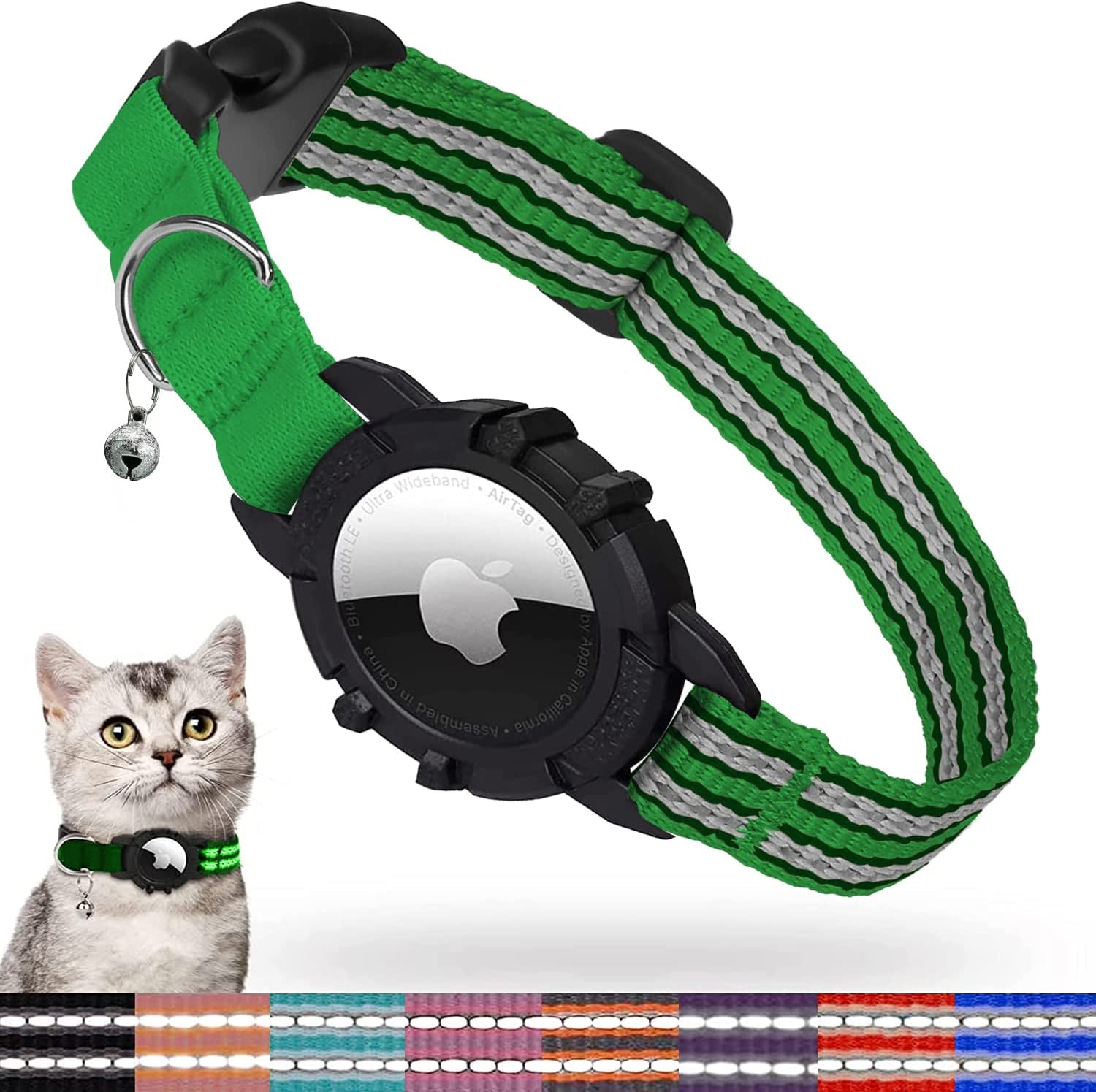 FEEYAR Airtag Cat Collar,Integrated Kitten Collar with Apple Airtag Holder, Reflective GPS Cat Collar with Bell[Pink], Lightweight Tracker Cat Collars for Girl Boy Cats, Kittens and Puppies  FEEYAR Green 9-13 Inch 