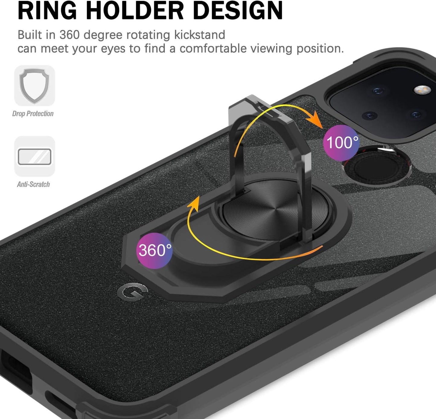 Leyi for Google Pixel 5 Case with 2PCS Screen Protector, [Military-Grade] Clear Crystal Shockproof Phone Case with Magnetic Car Ring Kickstand for Google Pixel 5, Black  LeYi   