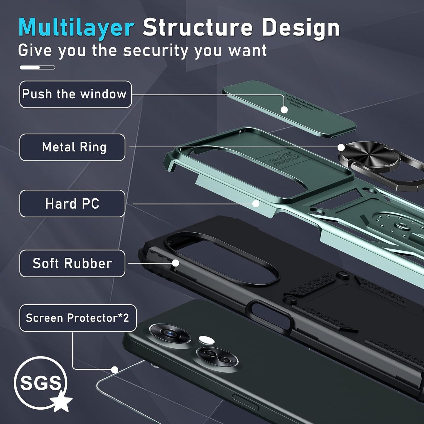 Janmitta Oneplus Nord N30 5G Case Built in Slide Camera Lens Cover+Screen Protector+Finger Ring Holder Kickstand,Heavy Duty Shockproof Full Body Protective Phone Cover,2023 Dark Green  Janmitta   