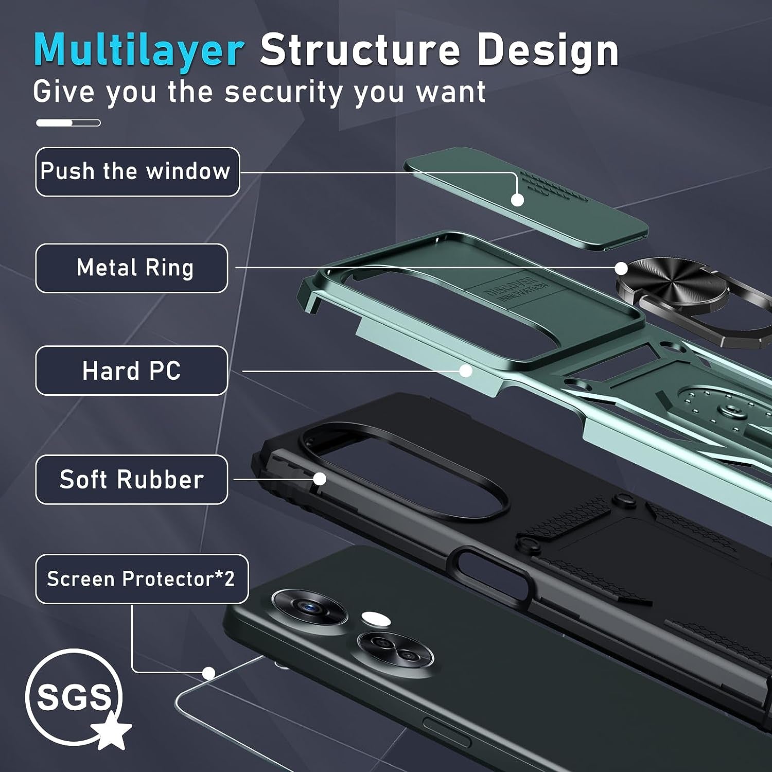 Janmitta Oneplus Nord N30 5G Case Built in Slide Camera Lens Cover+Screen Protector+Finger Ring Holder Kickstand,Heavy Duty Shockproof Full Body Protective Phone Cover,2023 Dark Green  Janmitta   