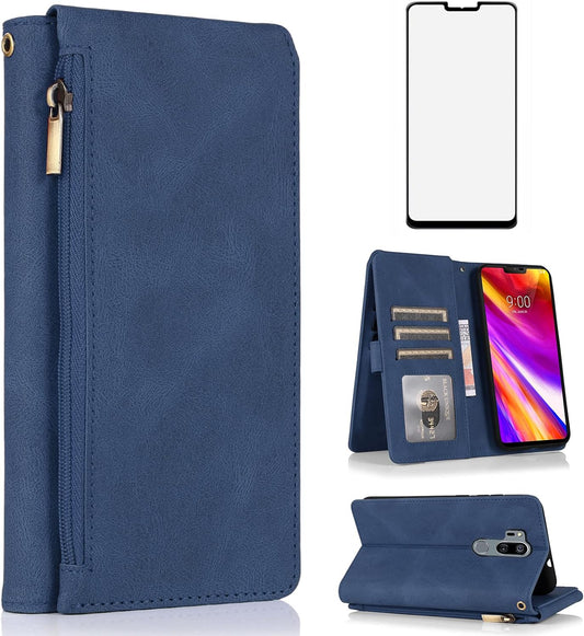 Compatible with LG G7 Thinq Wallet Case Tempered Glass Screen Protector and Zipper Leather Flip Cover Card Holder for LGG7 One G 7 plus LG7 Fit Lg7Thinq 7G Thin Q G7+ G7Thinq Lgg7Thinq Women Men Blue  Asuwish   
