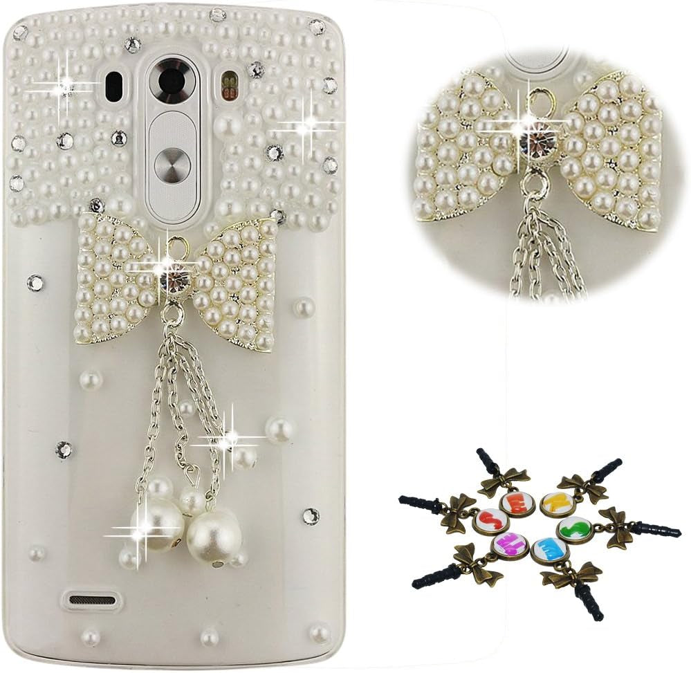 STENES LG G7 Case, LG G7 Thinq Case - STYLISH - 100+ Bling Crystal - 3D Handmade Bling Camellia Flowers Design Protective Cover Case for LG G7 Thinq - White  STENES Bowknot Pearl Pendant / White  