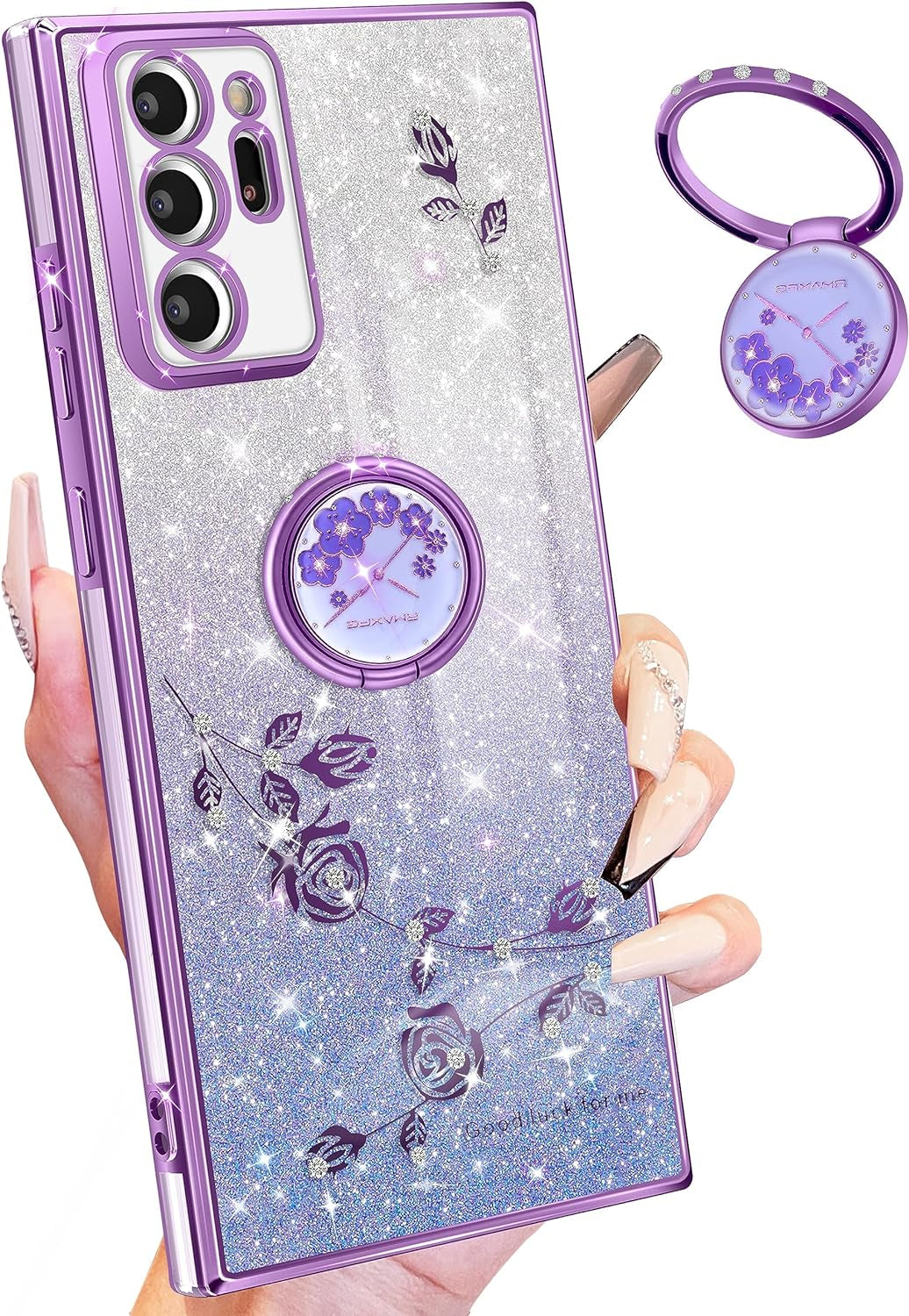 Coralogo (3In1 for Samsung Galaxy Note 20 Ultra Case Glitter Sparkly for Women Girls Bling Shiny Phone Cover Cute Flowers Floral Design with Ring Pretty Purple Cases for Galaxy Note 20 Ultra 5G 6.9''  Coralogo   