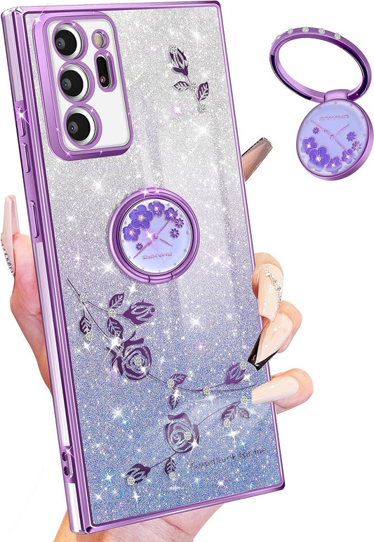 Coralogo (3In1 for Samsung Galaxy Note 20 Ultra Case Glitter Sparkly for Women Girls Bling Shiny Phone Cover Cute Flowers Floral Design with Ring Pretty Purple Cases for Galaxy Note 20 Ultra 5G 6.9''  Coralogo   