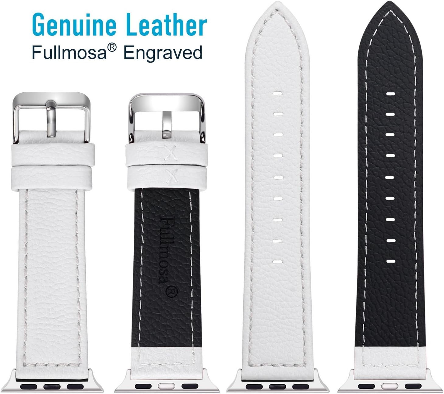 Fullmosa Compatible Apple Watch Band Leather 42Mm 44Mm 45Mm 38Mm 41Mm 40Mm for Iwatch Se/Se2/Series 8/7/6/5/4/3/2/1/Ultra 49Mm,42Mm/44Mm/45Mm White + Silver Buckle  Fullmosa   