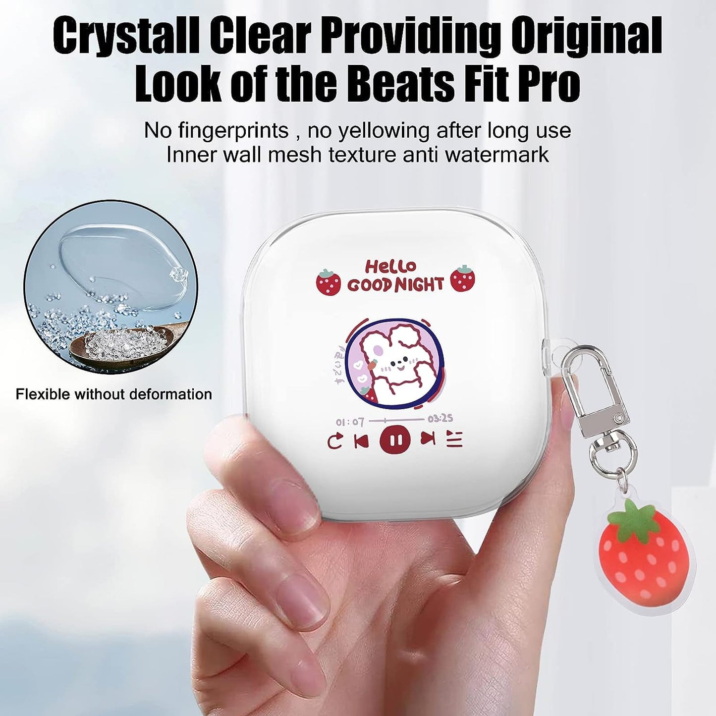 Cute Rabbit Case Compatible with Beats Fit Pro Clear Case with Kawaii Strawberry Bunny Keychain for Women Girls Kids Soft Silicone Anime Cover for Beats Fit Pro  CameCosy   