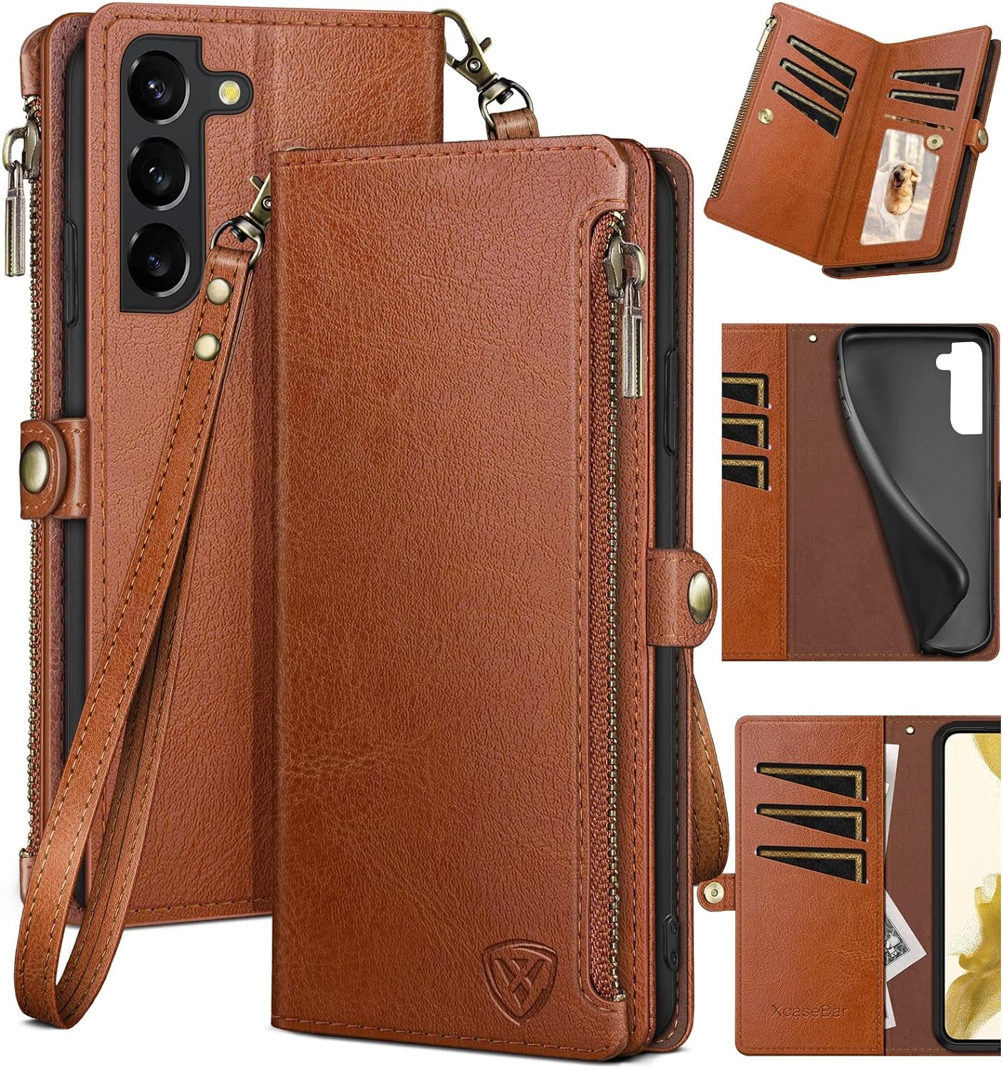 Xcasebar for Samsung Galaxy S22 plus Wallet Case with Zipper Credit Card Holder【Rfid Blocking】, Flip Folio Book PU Leather Phone Case Shockproof Cover Women Men for S22 plus Case Black  XcaseBar Light Coffee  