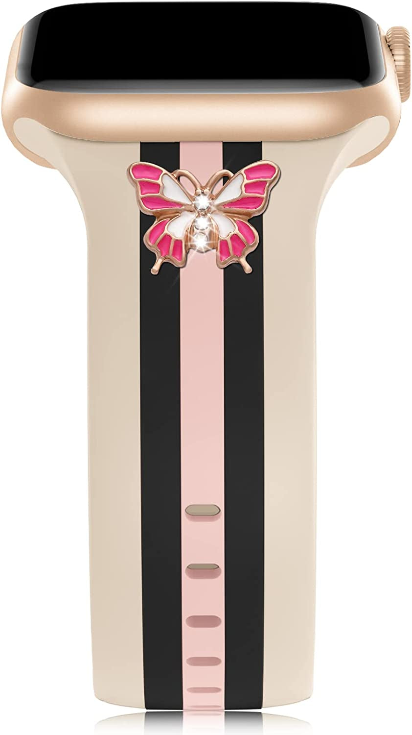 Designer Band with Charms Decor Compatible with Apple Watch Band 38Mm 40Mm 41Mm 42Mm 44Mm 45Mm 49Mm Women Men, Stylish Silicone Sport Wristbands for Iwatch Series 8 7 6 5 4 3 2 1 SE Ultra  Bagoplus Walnut/Black/Pink-Colorful-Butterfly 42mm/44mm/45mm/49mm 