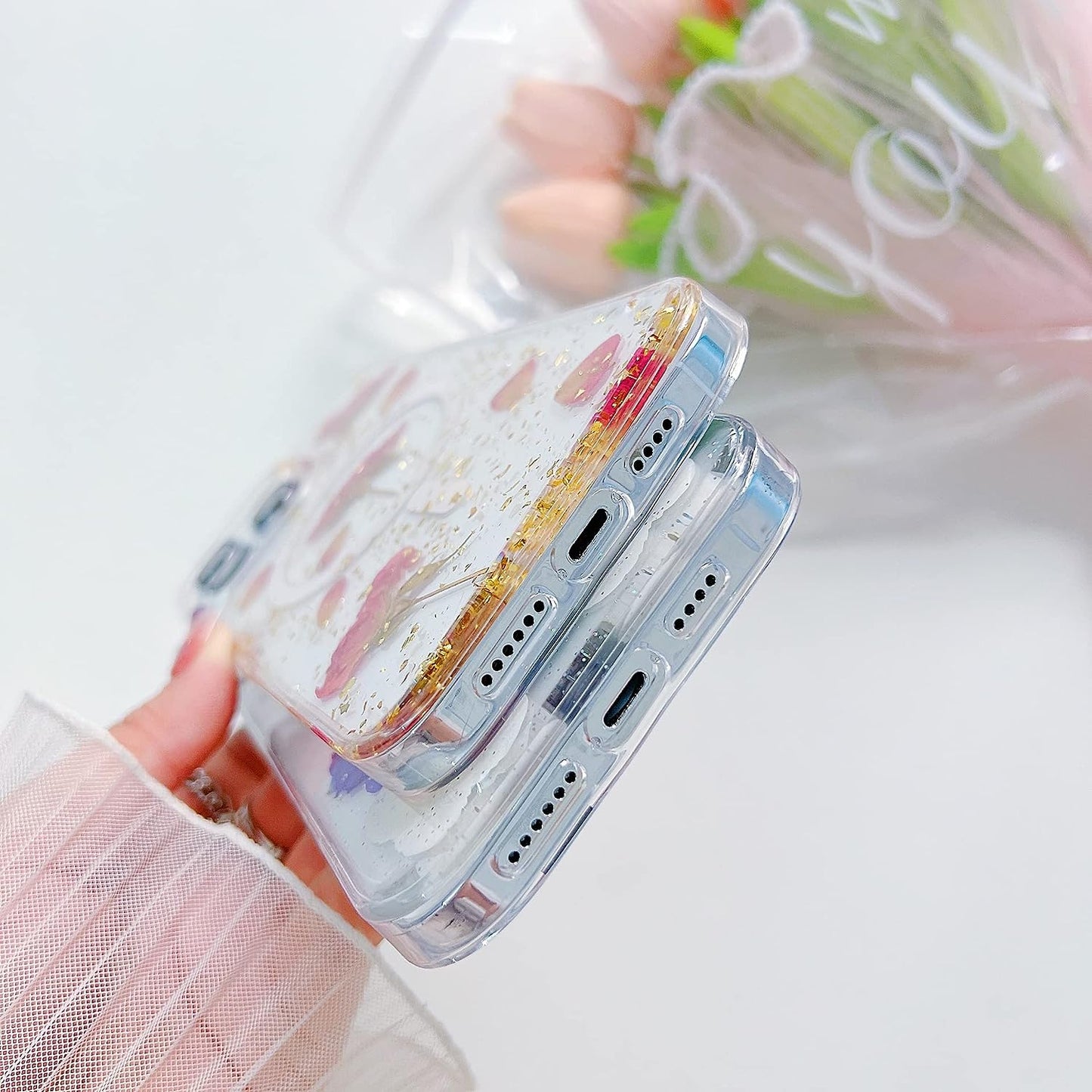 Ytanazing Magnetic Floral Case for Iphone 14 Pro Max [Compatible with Magsafe], Real Flowers Glitter Design Aesthetic Slim Shockproof Protect Sparkle Unique Silicone Phone Cover for Women Girls(Gold)  YTanazing   