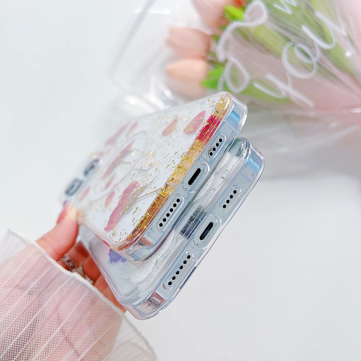 Ytanazing Magnetic Floral Case for Iphone 14 Pro Max [Compatible with Magsafe], Real Flowers Glitter Design Aesthetic Slim Shockproof Protect Sparkle Unique Silicone Phone Cover for Women Girls(Gold)  YTanazing   