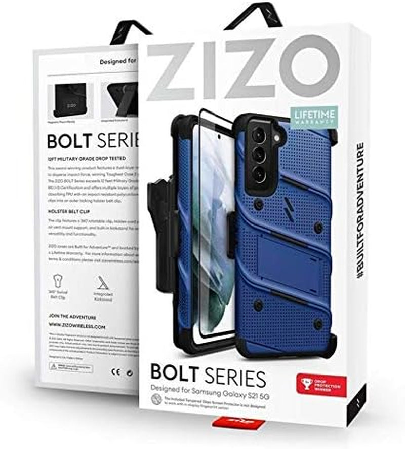 ZIZO Bolt Series for Galaxy S21 Case with Screen Protector Kickstand Holster Lanyard - Blue & Black  Zizo   