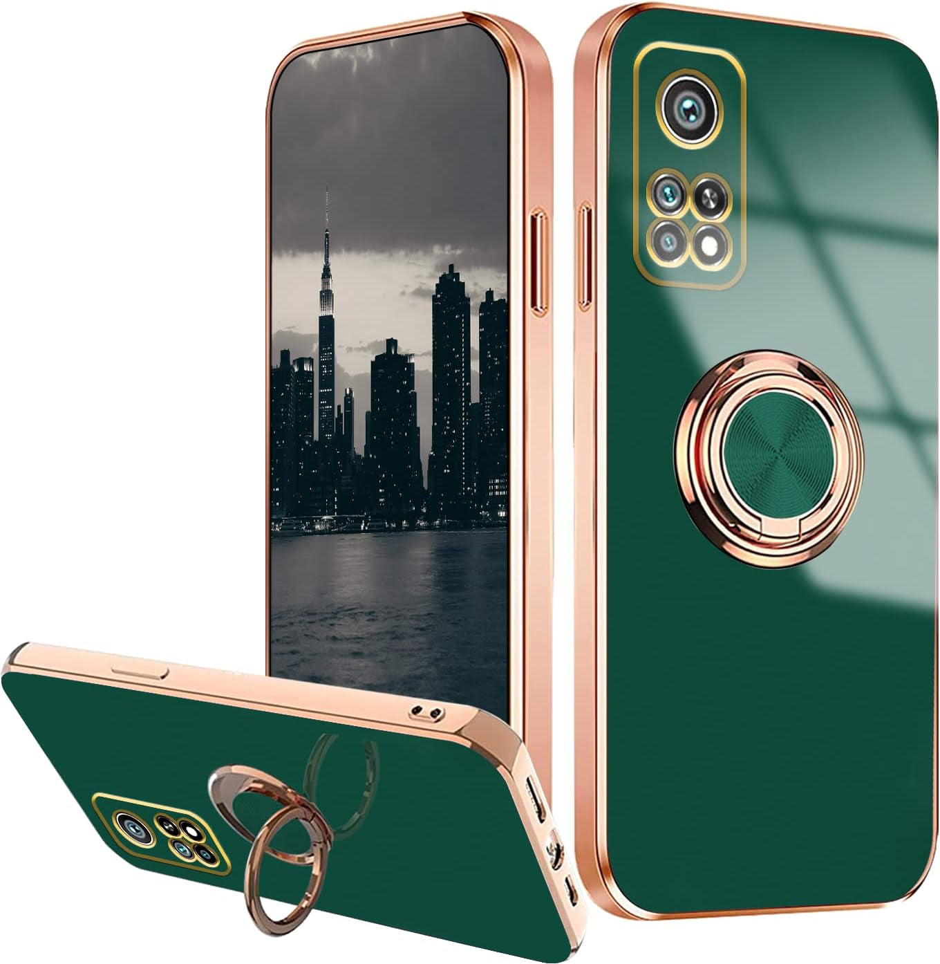 Wousunly Compatible with Xiaomi Mi 10T Case Ring Holder Magnet Green, Xiaomi Mi 10T Phone Case Xiaomi Mi 10T Pro Case Silicone Shockproof Plate Luxury Slim Cover (Xiaomi Mi 10T, Pink)  Wousunly Dark Green Xiaomi Mi 10T 