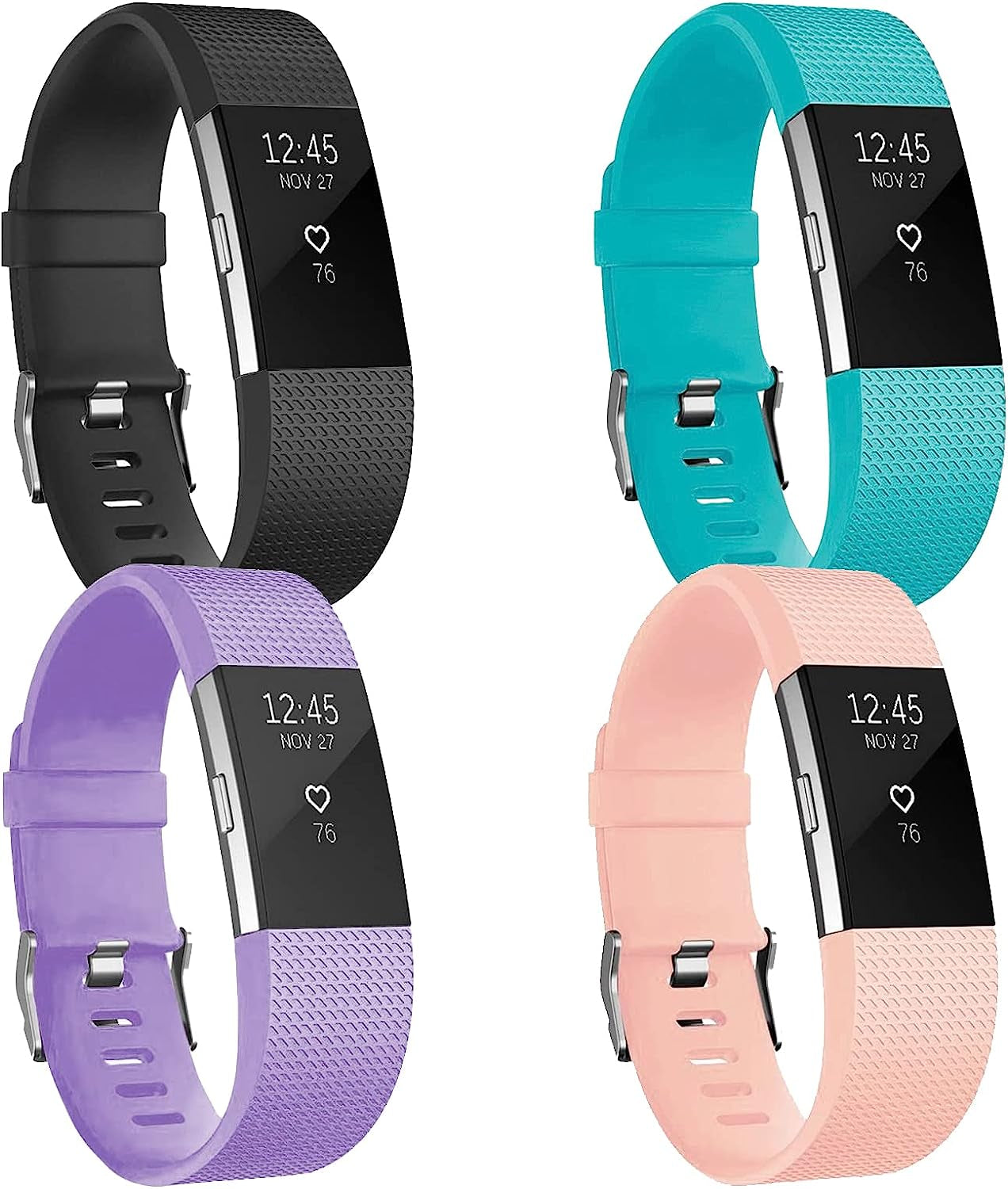 4 Pack Bands for Fitbit Charge 2,Silicone Fitness Sport Wristbands for Women Men Large(Black + Navy Blue + Dark Grey + Slate Blue)  SENGKOB Black + Light Purple + Teal + Light Pink Small 