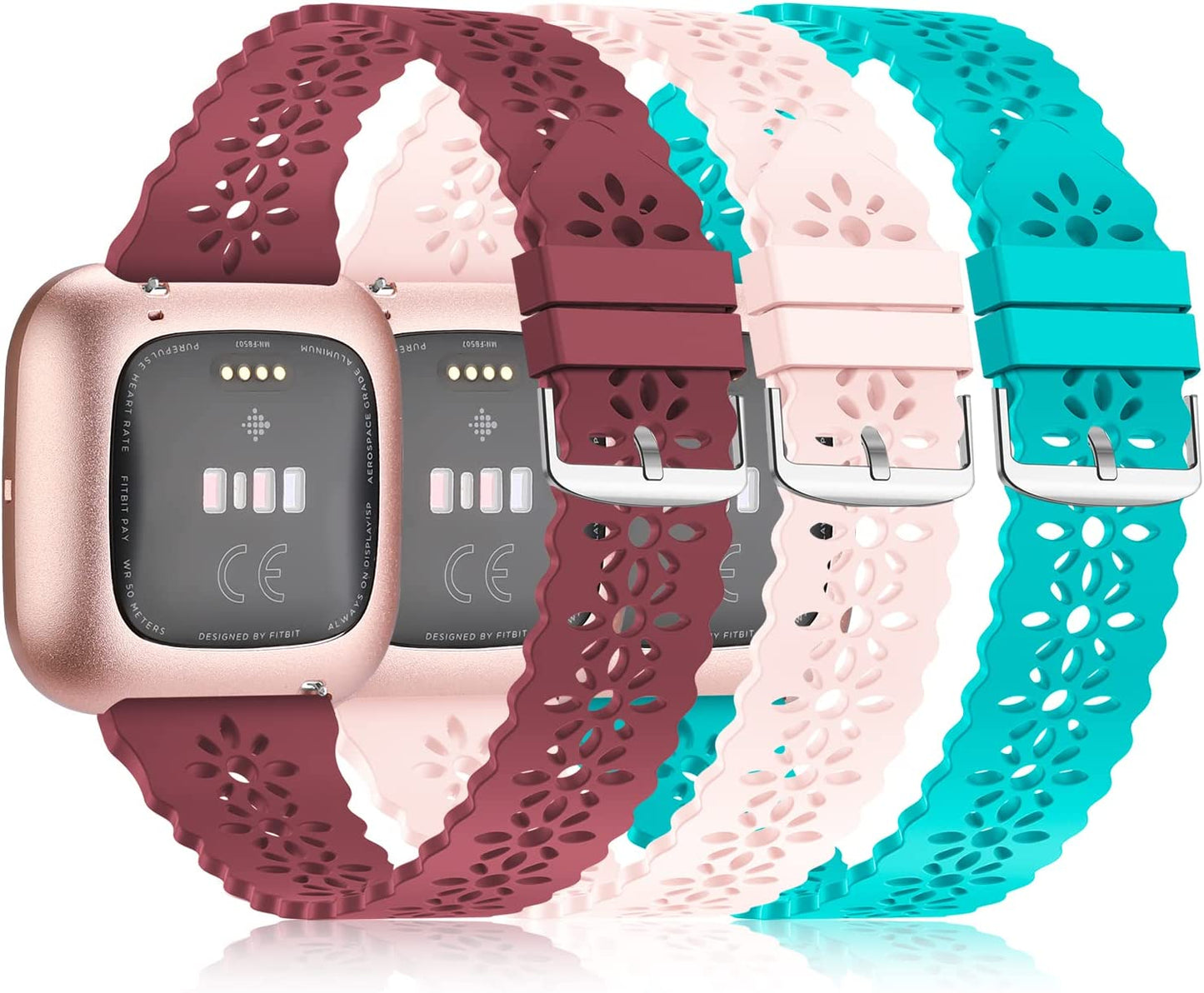 YAXIN 3 Pack Slim Sport Bands Compatible with Fitbit Versa/ Versa 2/ Versa Lite Band for Women,Soft Silicone Lace Replacement Wristbands for Smart Watch,Black/White/Pink Sand  YAXIN H-wine red/pink sand/teal  