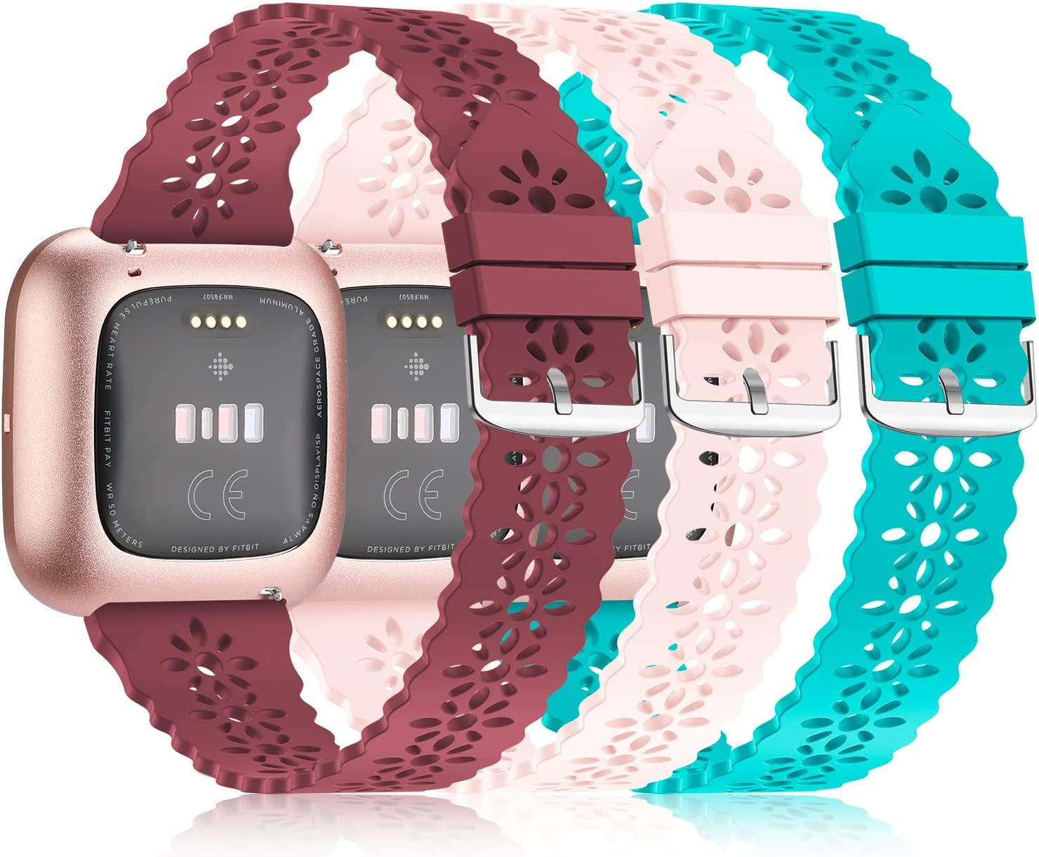 YAXIN 3 Pack Slim Sport Bands Compatible with Fitbit Versa/ Versa 2/ Versa Lite Band for Women,Soft Silicone Lace Replacement Wristbands for Smart Watch,Black/White/Pink Sand  YAXIN H-wine red/pink sand/teal  