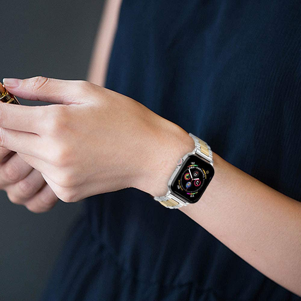 U191U Band Compatible with Apple Watch Stainless Steel Wristband Metal Buckle Clasp Iwatch 38Mm 40Mm 41Mm Strap Bracelet for Apple Watch Series 7/6/5/4/3/2/1 Sports Edition (Silver/Gold, 38/40/41MM)  U191U   