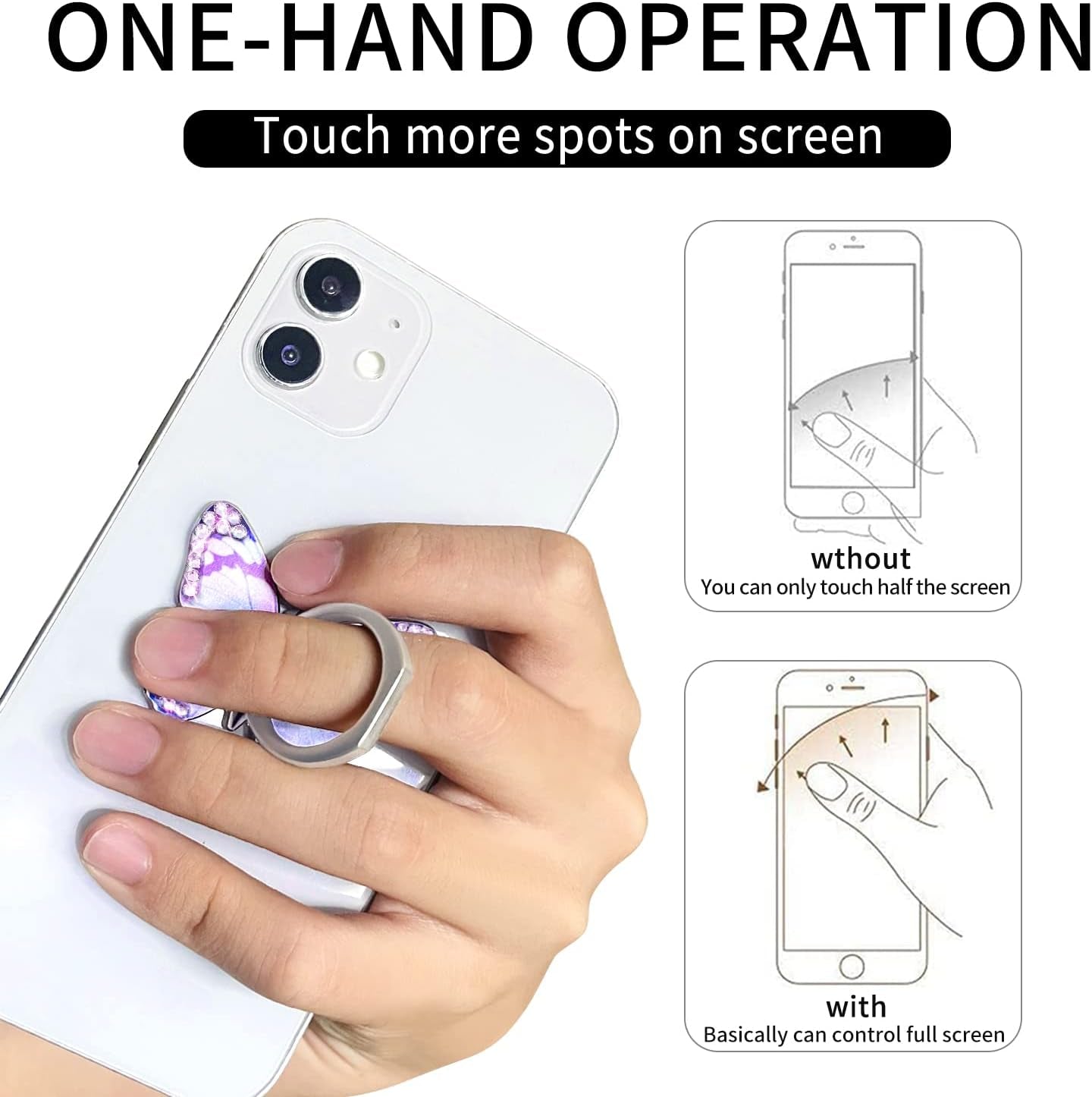 Bling Cute Butterfly Cell Phone Ring Holder with Crystal Rhinestone 360°Rotation Metal Finger Stand Kickstand Universal Compatible with Iphone Samsung Galaxy LG Google Ipad 2 Pack（Purple & Pink）  Walaivgne   