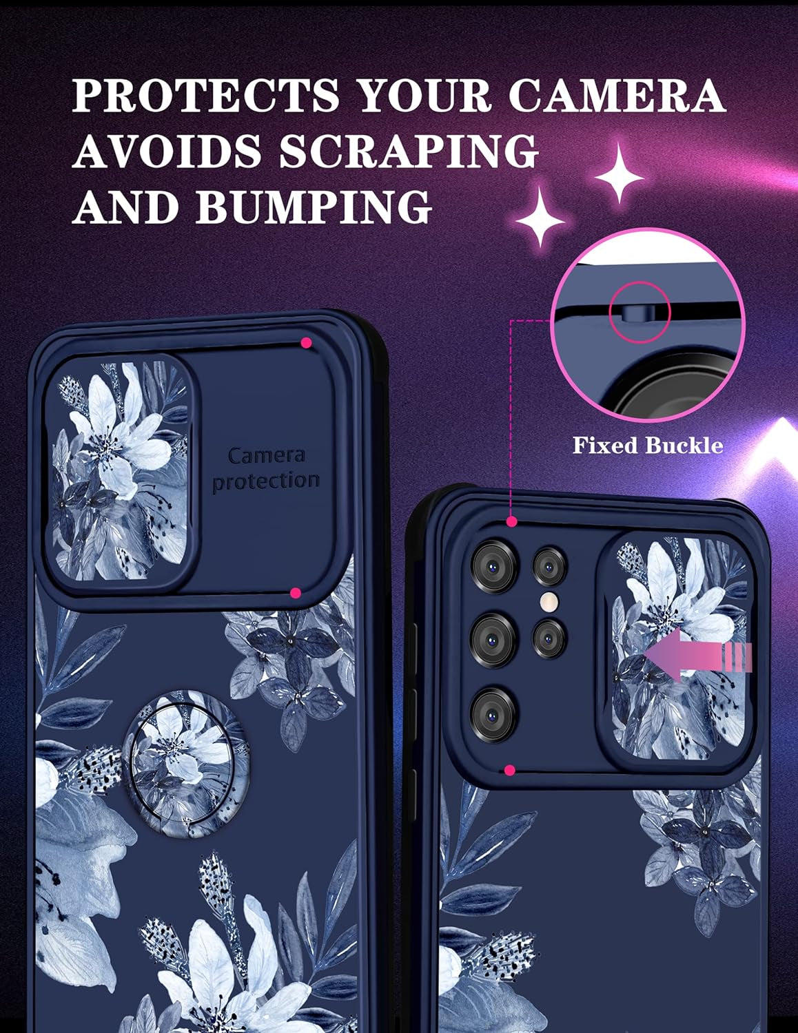 Goocrux for Samsung Galaxy S21 Ultra Case Floral Flowers for Women Girls Cute Girly Phone Cover Blue Flower Plants Design with Slide Camera Cover and Ring Holder Fashion Cases for S21 Ultra 6.8''  Goocrux   