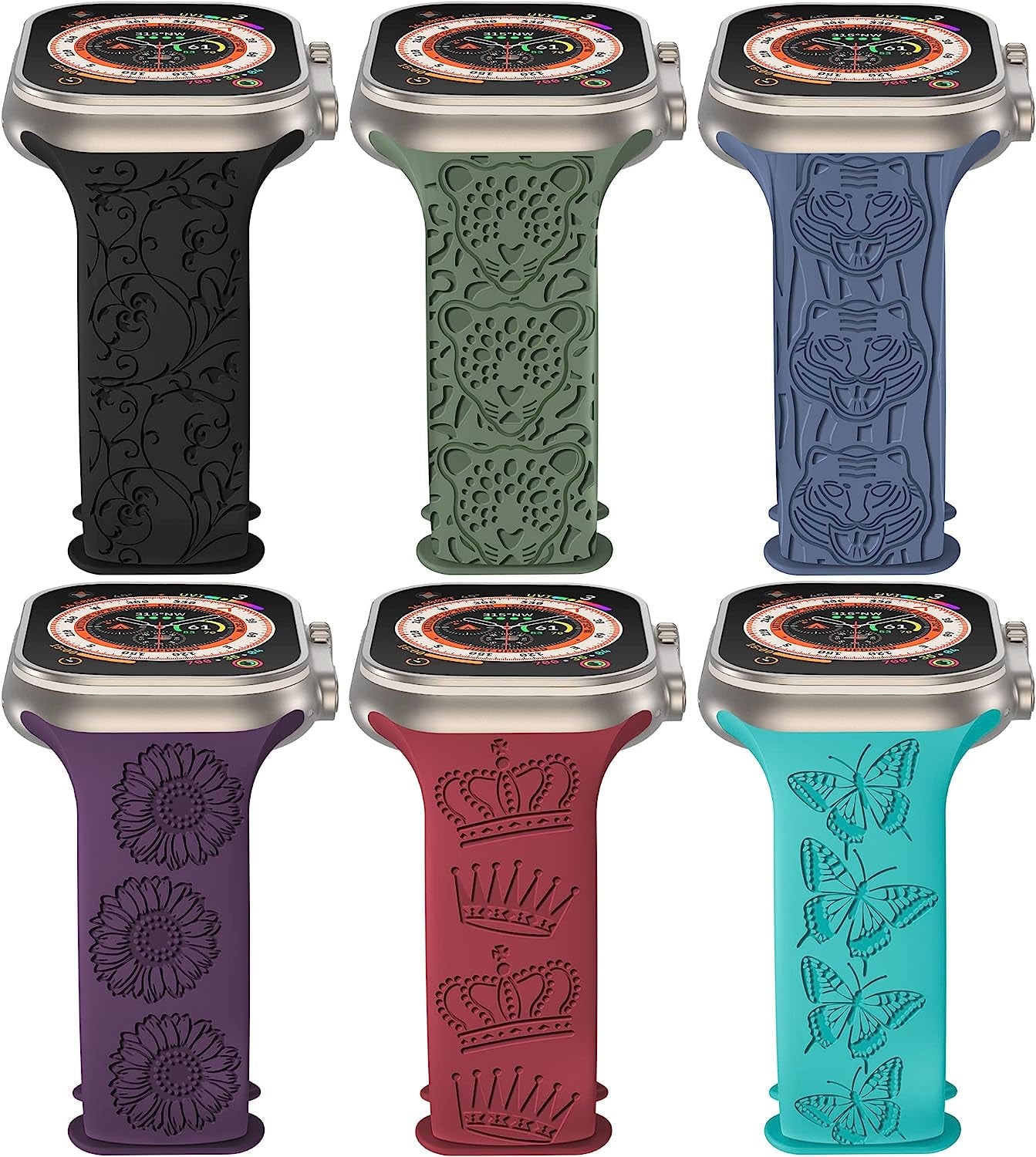 6 Pack Engraved Sport Bands Compatible with Apple Watch Band 38Mm 40Mm 41Mm 42Mm 44Mm 45Mm 49Mm for Women Men, Designer Colorful Soft Silicone Strap for Iwatch Bands Ultra/Se Series 8/7/6/5/4/3/2/1  Wewatri Color Combination - F 42mm/44mm/45mm/49mm 