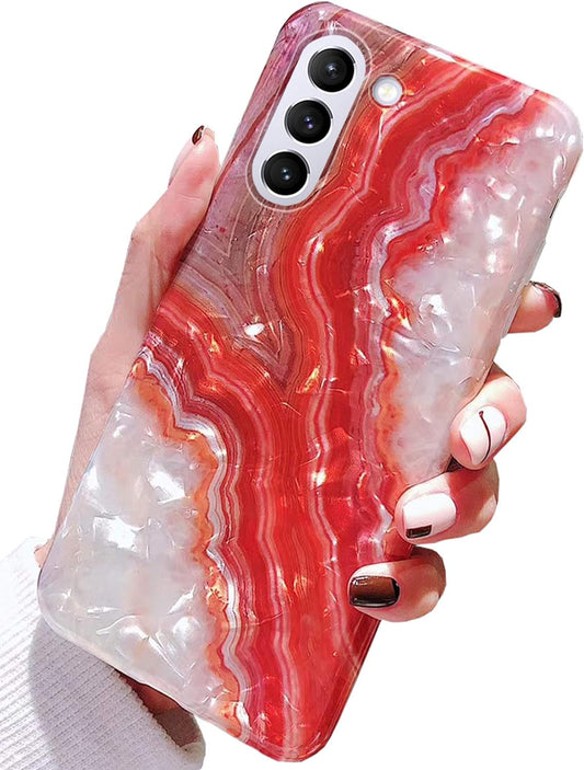 J.West Galaxy S21 plus Case 5G 6.7-Inch, Luxury Sparkle Red Agate Marble Print Translucent Clear Glitter Pearly Design Soft Silicone Cover for Women Girls Slim TPU Sturdy Protective Phone Case Red  J.west   